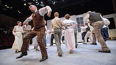Brian Williams, playing the part of Marcellus Washburn, sings the lead in "Shipoopi" as the townspeople parade around the set during a dress rehearsal for "The Music Man" on Wednesday, May 31, 2017 at Theatre Lawrence. The musical opens on June 9.