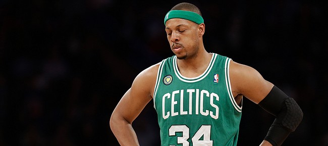 Boston Celtics forward Paul Pierce (34) reacts in the first half of Game 5 of their first-round NBA basketball playoff series at Madison Square Garden in New York, Wednesday, May 1, 2013.