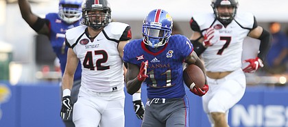 Kansas wide receiver Steven Sims Jr. (11) tears up the sideline on a touchdown run during the first quarter on Saturday, Sept. 2, 2017 at Memorial Stadium.