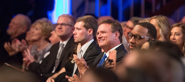 Kansas head coach Bill Self smiles shortly before his introduction during the Naismith Memorial Basketball Hall of Fame induction ceremony on Friday, Sept. 8 2017 at Symphony Hall in Springfield, Massachusetts.