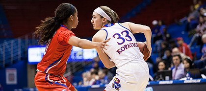 Kansas sophomore Kylee Kopatich (33) looks for a passing lane against SMU on Wednesday at Allen Fieldhouse.
