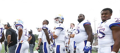 The Kansas bench watches a final field goal by Ohio late in the fourth quarter on Saturday, Sept. 16, 2017 at Peden Stadium in Athens, Ohio.