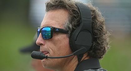 Kansas offensive coordinator Doug Meacham watches from the sidelines during the fourth quarter on Saturday, Sept. 16, 2017 at Peden Stadium in Athens, Ohio.
