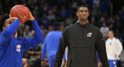Kansas forward Billy Preston watches during warmups on Tuesday, Nov. 14, 2017 at United Center. Preston was held out of Tuesday's contest.