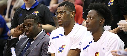 Kansas forward Billy Preston (23) sits on the bench during the second half on Friday, Nov. 17, 2017 at Allen Fieldhouse.
