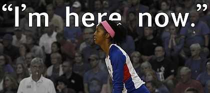 Senior middle blocker Taylor Alexander (10) prepares for the next play on Sept. 27, 2017 at Horejsi Family Athletics Center. Kansas beat Iowa State 3-2.