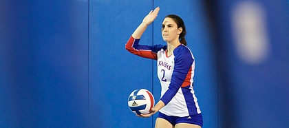 Kansas senior Tori Miller prepares to serve against Oklahoma on Wednesday, Oct. 25, 2017 at Horejsi Family Athletics Center.