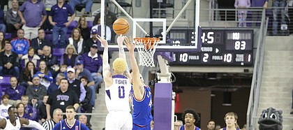 Kansas forward Mitch Lightfoot (44) tips a three from TCU guard Jaylen Fisher (0) with seconds left in regulation, Saturday, Jan. 6, 2018 at Schollmaier Arena.