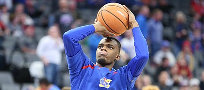 Kansas junior Lagerald Vick warms up prior to the Jayhawks' matchup with Stanford, in Sacramento, Calif.