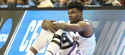 Kansas center Udoka Azubuike (35) waits to check into the game during the first half, Thursday, March 15, 2018 at Intrust Bank Arena in Wichita, Kan.