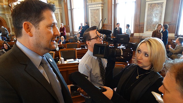 House Speaker Ron Ryckman Jr., R-Olathe, answers questions from reporters after the House passed a five-year, $500 million increase in school funding on Tuesday, April 3, 2018. The House had rejected that same bill a day earlier.
