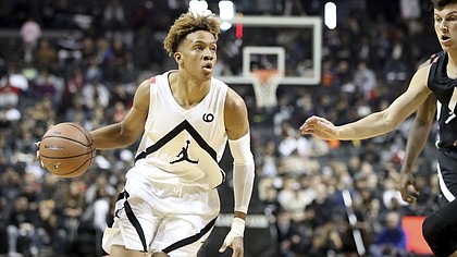 Romeo Langford (9) in action during the Jordan Brand Classic high school basketball game, Sunday, April 8, 2018, in Brooklyn, N.Y.