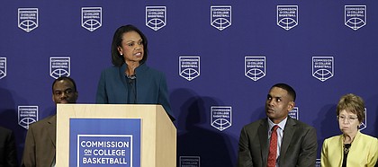 Former U.S. Secretary of State Condoleezza Rice speaks during a news conference at the NCAA headquarters, Wednesday, April 25, 2018, in Indianapolis. The Commission on College Basketball led by Rice, released a detailed 60-page report, seven months after the NCAA formed the group to respond to a federal corruption investigation that rocked college basketball. (AP Photo/Darron Cummings)