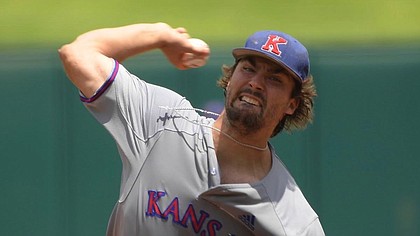 Kansas pitcher Jackson Goddard in action Wednesday, May 23, 2018, during a Big 12 tournament matchup between KU and top-seeded Texas. Kansas won the game, 3-2. (Photo by Jeff Jacobsen/Kansas Athletics)