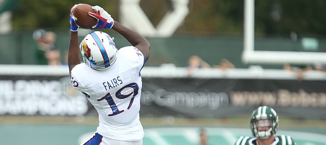 Kansas wide receiver Evan Fairs (19) pulls in a deep catch late in the fourth quarter on Saturday, Sept. 16, 2017 at Peden Stadium in Athens, Ohio.