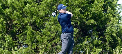 Chris Thompson kept his long drives on short grass all morning Friday en route to a 7-under 64 in the second round of the KC Golf Classic. Thompson finished the day at 11-under par. (Photo by Tom Keegan)