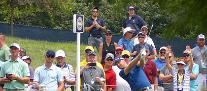 Former KU All-American Ryan Vermeer watches his tee shot on No. 6 at Bellerive in St. Louis, site of the 100th PGA Championship, head toward the green during Wednesday practice round. Vermeer tees off No. 10 at 12:59 p.m. with John Daly and Paul Broadhurst. (Photo by Tom Keegan)