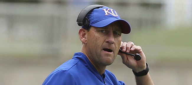 Kansas head coach David Beaty looks over to an official during the first half of an NCAA college football game against Baylor, Saturday, Sept. 22, 2018, in Waco, Texas.