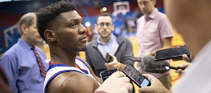 Kansas forward Silvio De Sousa talks with media members on Media Day, Wednesday, Oct. 10, 2018 at Allen Fieldhouse.