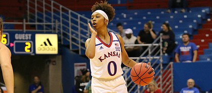 Kansas senior guard Christalah Lyons runs the floor in the first half in an exhibiton against Washburn Sunday, Nov. 4, 2018 at Allen Fieldhouse.