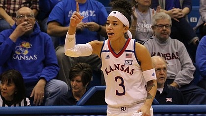 Sixth-year senior Jessica Washington checks in for the first time this season on Sunday during a game against Alabama A&M At Allen Fieldhouse. Kansas won the game, 65-54.
