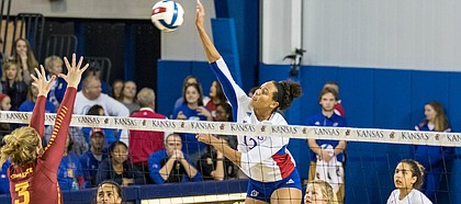 Kansas redshirt freshman outside hitter Ashley Smith jumps for a spike against Iowa State on Saturday, Nov. 19, 2016 at Horejsi Center. The Jayhawks won in five sets, clinching a Big 12 title.