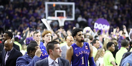 Kansas forward Dedric Lawson (1) walks off the court as KSU fans celebrate the Wildcats' 74-67 win over the Jayhawks on Tuesday, Feb. 5, 2019 at Bramlage Coliseum.
