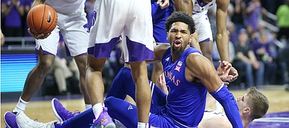 Kansas forward Dedric Lawson (1) reacts after being called for a charge during the first half, Tuesday, Feb. 5, 2019 at Bramlage Coliseum.