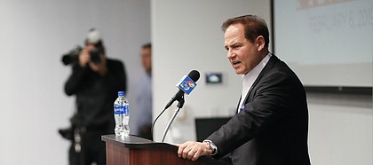 New Kansas head football coach Les Miles talks about his first recruiting class during his National Signing Day press conference on Wednesday, Feb. 6, 2019 in Mrkonic Auditorium.