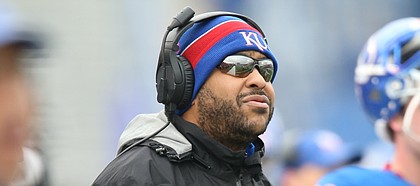 FILE — Kansas running backs coach Tony Hull watches from the sidelines during the second quarter on Friday, Nov. 23, 2018 at David Booth Kansas Memorial Stadium.