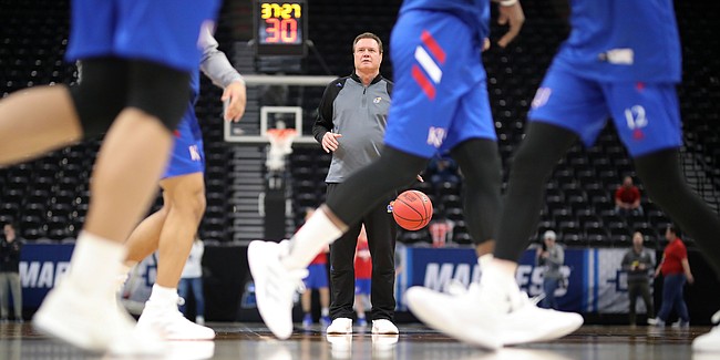 Kansas head coach Bill Self watches over practice on Wednesday, March 20, 2019 at Vivint Smart Home Arena in Salt Lake City, Utah. Teams practiced and gave interviews to media members before Thursday's opening round games.