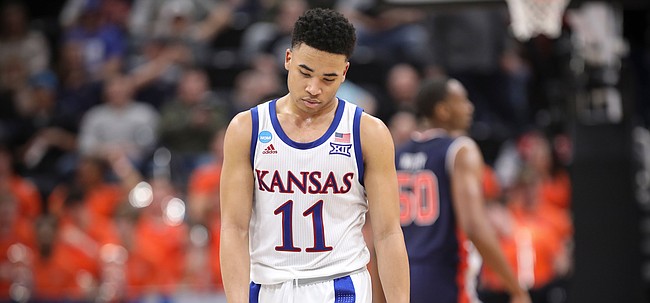 Kansas guard Devon Dotson (11) shows his frustration late in the second half against Auburn on Saturday, March 23, 2019 at Vivint Smart Homes Arena in Salt Lake City, Utah.