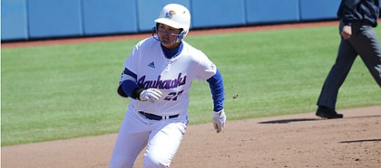 KU right fielder Jennifer Marwitz rounds third in its series finale against Baylor, March 31, 2019 at Arrocha Ballpark.