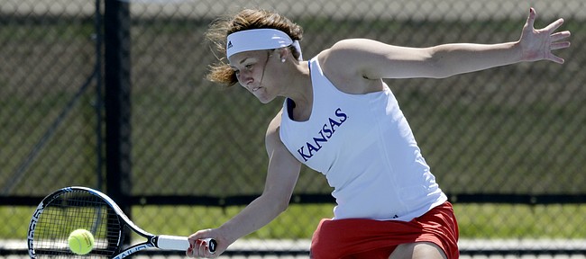 University of Kansas senior Anastasia Rychagova missed the 2018 NCAA Tournament due to rib injuries she suffered during her junior season. But Rychagova is back at her normal spot as the Jayhawks' No. 1 singles player for the 2019 tournament, with KU hosting first- and second-round matchups at Jayhawk Tennis Center at Rock Chalk Park. (Photo courtesy of Kansas Athletics)