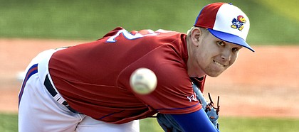 Kansas junior Ryan Zeferjahn keeps his eyes locked in on the spin of the ball during a KU baseball game in 2019. Zeferjahn, a native of Topeka, finished second in the Big 12 in strikeouts in 2019 and was the Jayhawks' ace throughout the season.