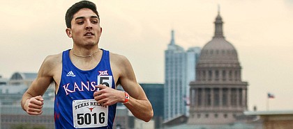 Kansas junior Bryce Hoppel running in the 800-meter during the Texas Relays on March 28 at Mike A. Myers Stadium in Austin, Texas. Hoppel takes a 17-race winning streak into the NCAA Outdoor Track & Field Championships.