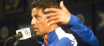 Kansas soccer coach Mark Francis talks about recruiting and how Rock Chalk Park influences recruits during KU fall sports media day Wednesday, Aug. 19, 2015, at Hadl Auditorium.