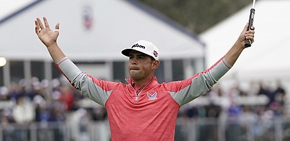 Gary Woodland celebrates after winning the U.S. Open Championship golf tournament Sunday, June 16, 2019, in Pebble Beach, Calif.