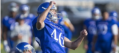 Kansas kicker Liam Jones watches one of his kicks during practice with the special teams unit on Friday, Aug. 11, 2017 at the practice fields west of Hoglund Ballpark.