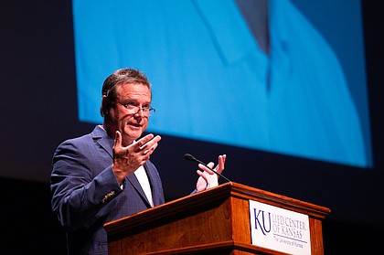 Kansas coach Bill Self shares his memories of late KU broadcaster Max Falkenstien with the 1,000 admirers who showed up at the Lied Center on Saturday, Aug. 24, 2019, for Falkenstien's celebration of life.