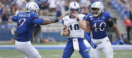 Kansas linebacker Dru Prox celebrates a sack against Indiana State Saturday afternoon at David Booth Kansas Memorial Stadium on Aug. 31, 2019.