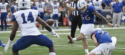 Kansas kicker Liam Jones connects for a field goal against Indiana State Saturday afternoon at David Booth Kansas Memorial Stadium on Aug. 31, 2019.