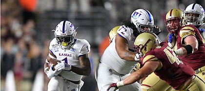 (Boston, MA, 09/13/19) Kansas Jayhawks running back Pooka Williams Jr. (1) carries the ball against the Boston College Eagles during the first half of an NCAA football game at Boston College in Boston, Mass., on Friday, September 13, 2019.