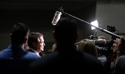 Kansas head coach Bill Self talks with media members during Big 12 Media Day on Wednesday, Oct. 23, 2019 at Sprint Center in Kansas City.