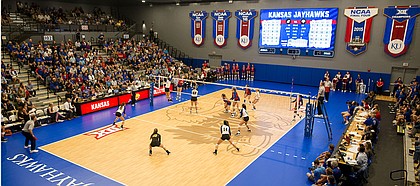 KU volleyball plays its first match in the newly renovated Horejsi Family Volleyball Arena against Morehead State Thursday, Sept. 12.