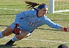 KU sophomore goalkeeper Sarah Peters makes a diving save against TCU during the Big 12 Soccer Championship at Children's Mercy Victory Field in Kansas City, Missouri on November 10, 2019. (Scott D. Weaver/Big 12 Conference)