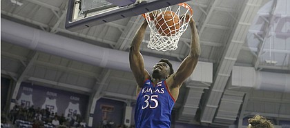 Kansas center Udoka Azubuike (35) dunks against TCU during the second half of an NCAA college basketball game, Saturday, Feb. 8, 2020 in Fort Worth, Texas. Kansas won 60-46. (AP Photo/Ron Jenkins)