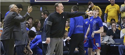 Kansas coach Bill Self reacts to a call during the second half of the team's NCAA college basketball game against West Virginia on Wednesday, Feb. 12, 2020, in Morgantown, W.Va. (AP Photo/Kathleen Batten)