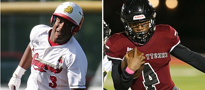 Lawrence High's two-sport standout Devin Neal rounds the base during a baseball game (left) and runs down the sideline (right) during a football game. Neal announced his commitment to play both sports at the University of Kansas via his personal Twitter account on Friday, March 20, 2020.