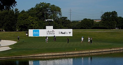 Phil Mickelson, Gary Woodland and Kevin Na play on the 13th green without the presence of a gallery during the first round of the Charles Schwab Challenge golf tournament at the Colonial Country Club in Fort Worth, Texas, Thursday, June 11, 2020.